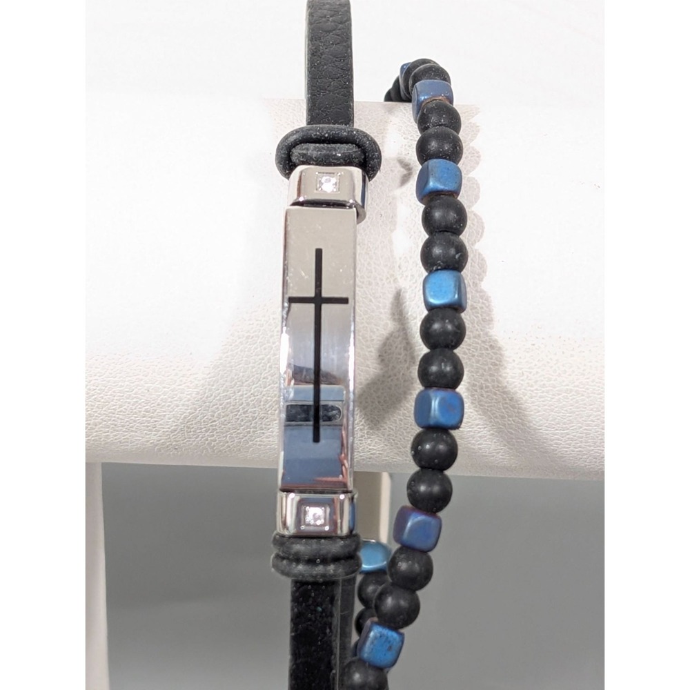 Stainless Steel Cross Bracelet Black Faux Leather Beaded‎ 8"